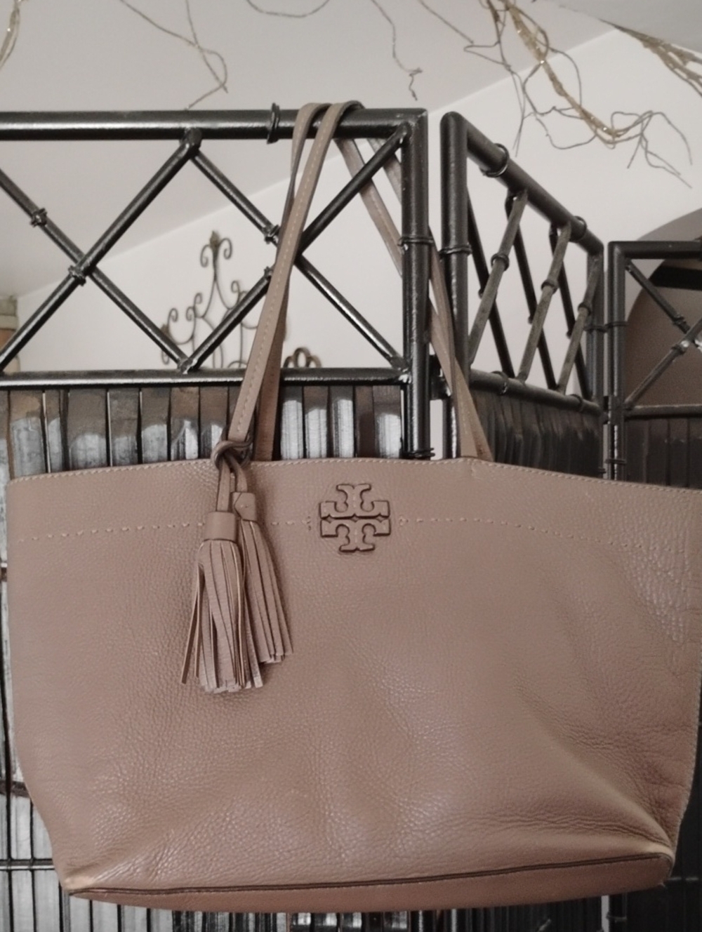 Tory Burch McGraw Pebbled Leather Taupe Tote with Tassels Pre-loved